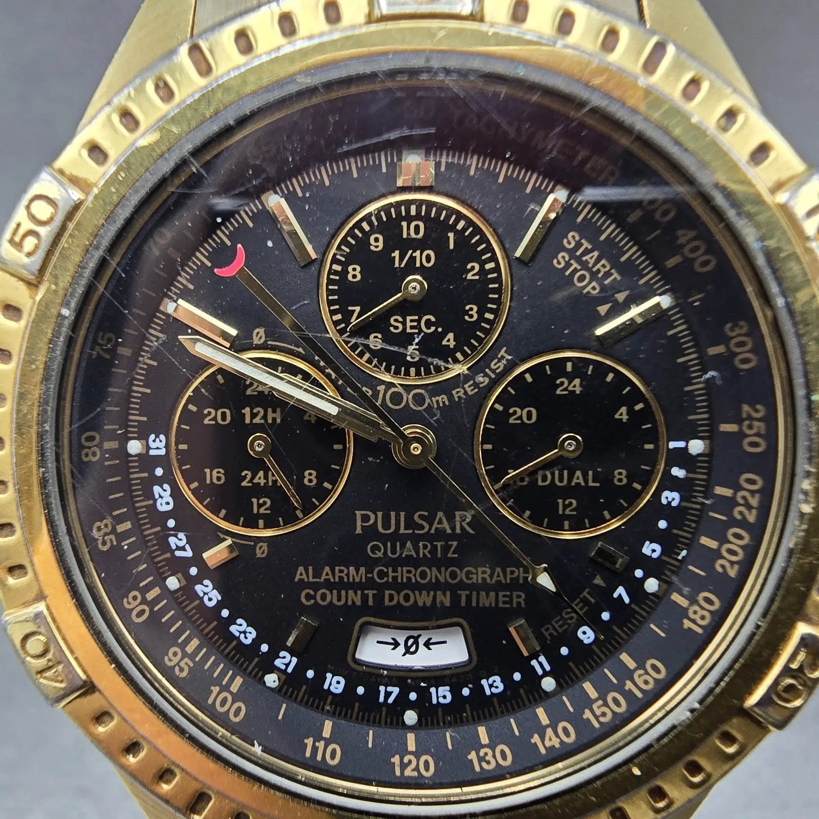 Seiko Pulsar Watch Men 40mm Black Dial Gold Tone Alarm Chronograph N944 PARTS2