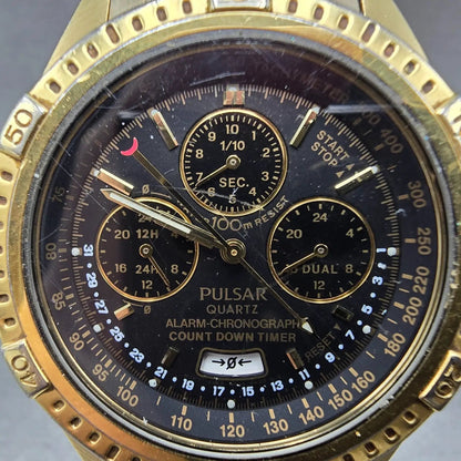 Seiko Pulsar Watch Men 40mm Black Dial Gold Tone Alarm Chronograph N944 PARTS2