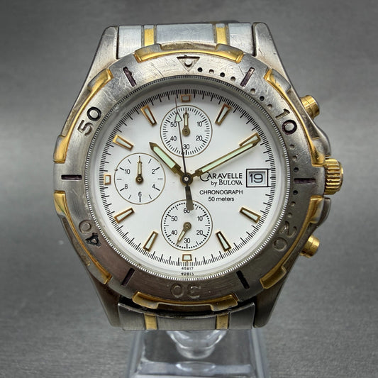 Bulova Caravelle Chronograph Watch Men 40mm White Dial Two Tone Date New Battery0