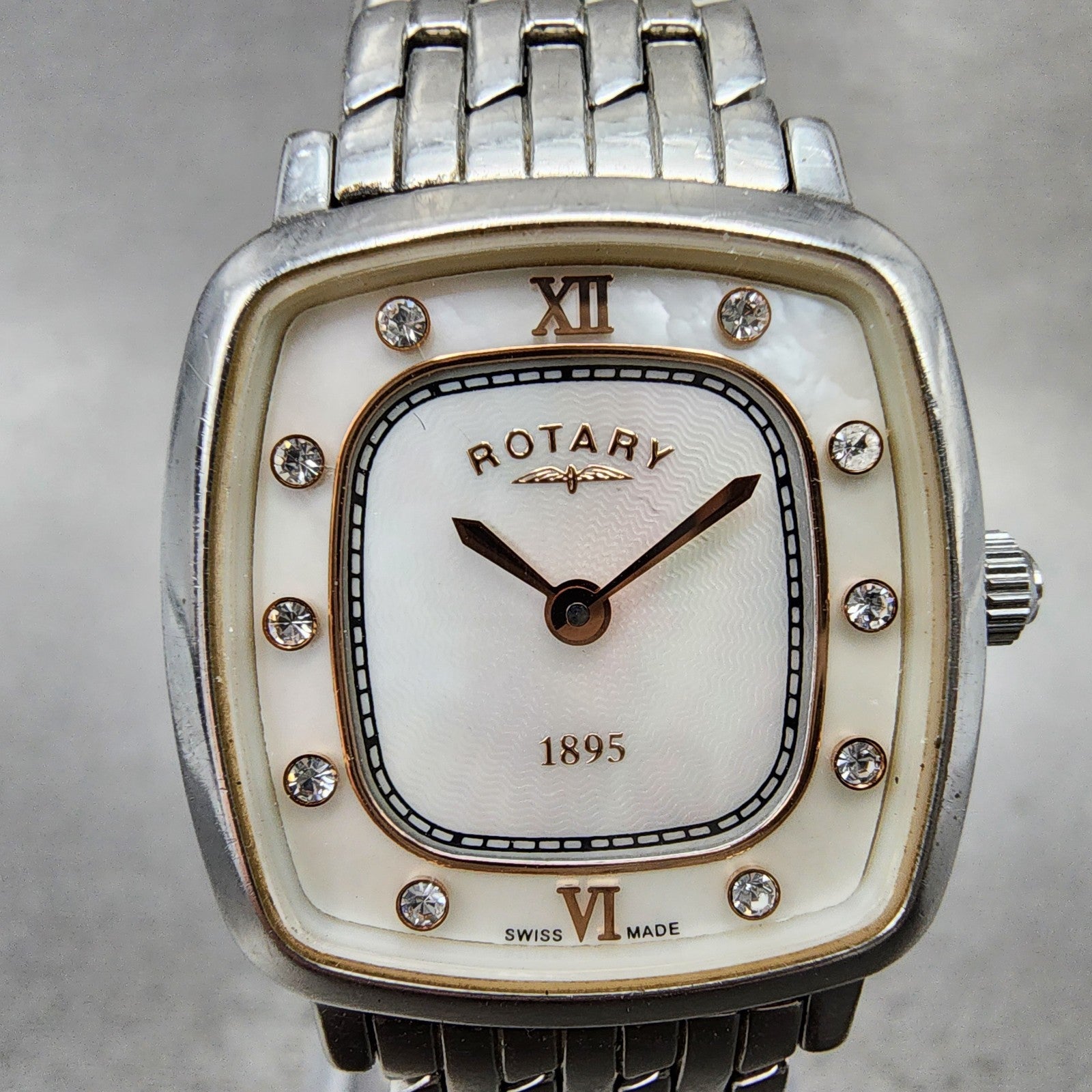 Rotary Ultra Slim Watch Women 23mm MOP Dial Two Tone Rectangle New Battery1