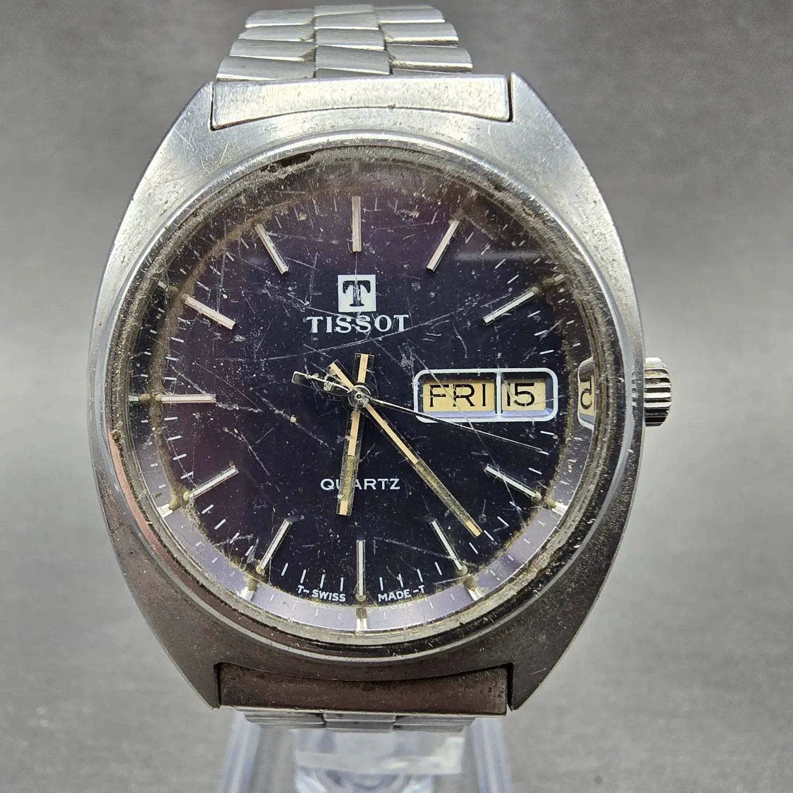 Tissot Watch Men 34mm Blue Dial Silver Tone Daydate Round Vintage Quartz PARTS F0