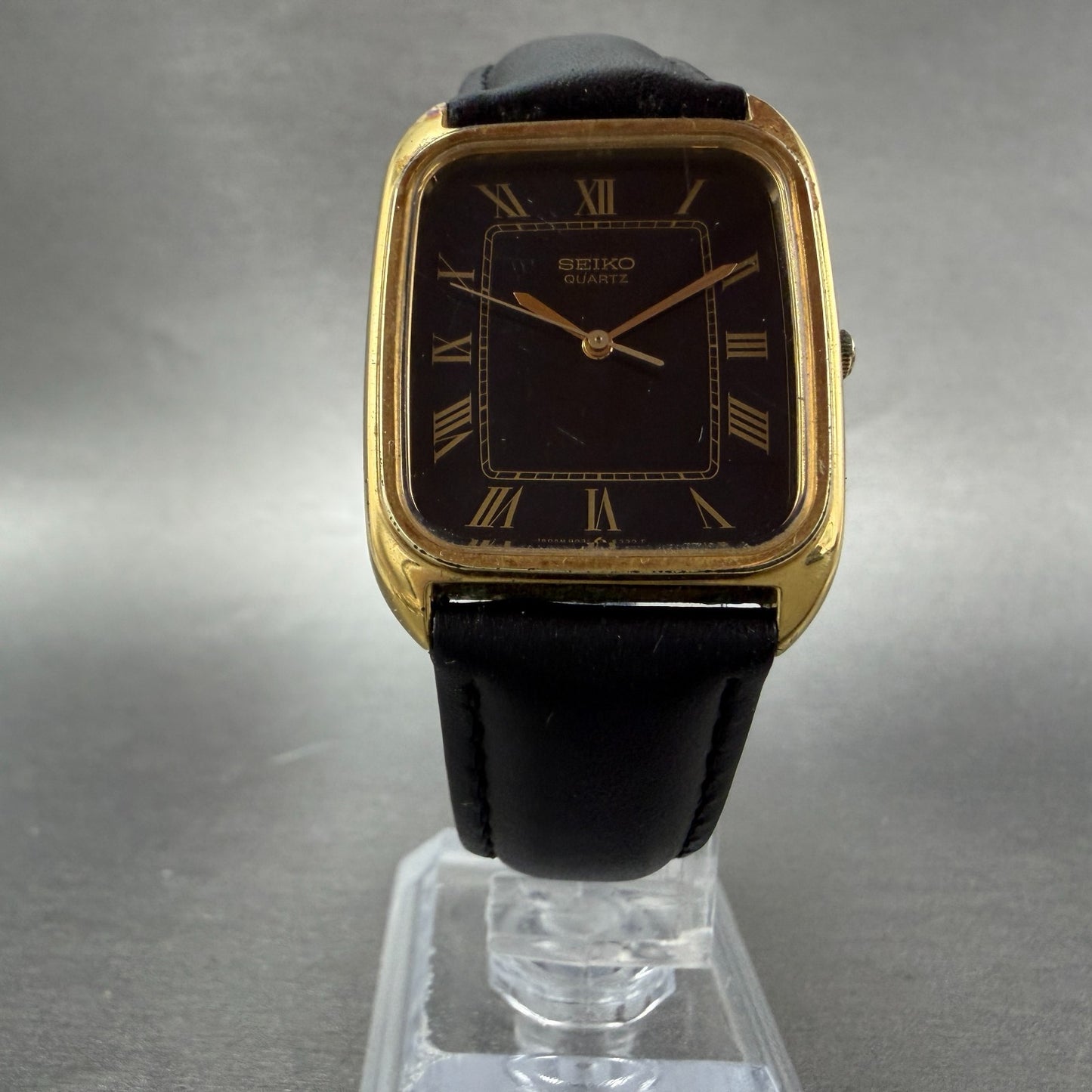 Seiko Watch Men 28mm Black Dial Gold Tone Rectangle 9021-5170 New Battery VTG5
