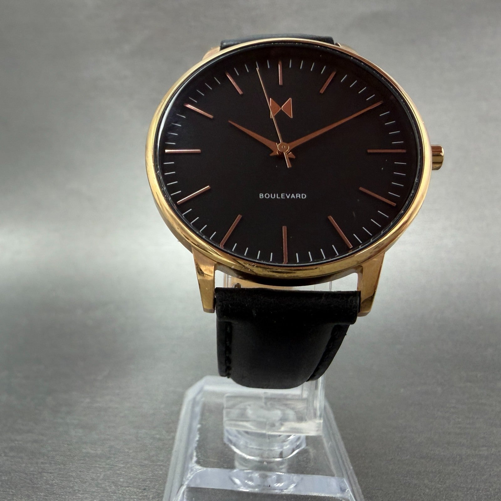 MVMT Boulevard Watch Women 38mm Black Dial Rose Gold Tone Leather New Battery P5