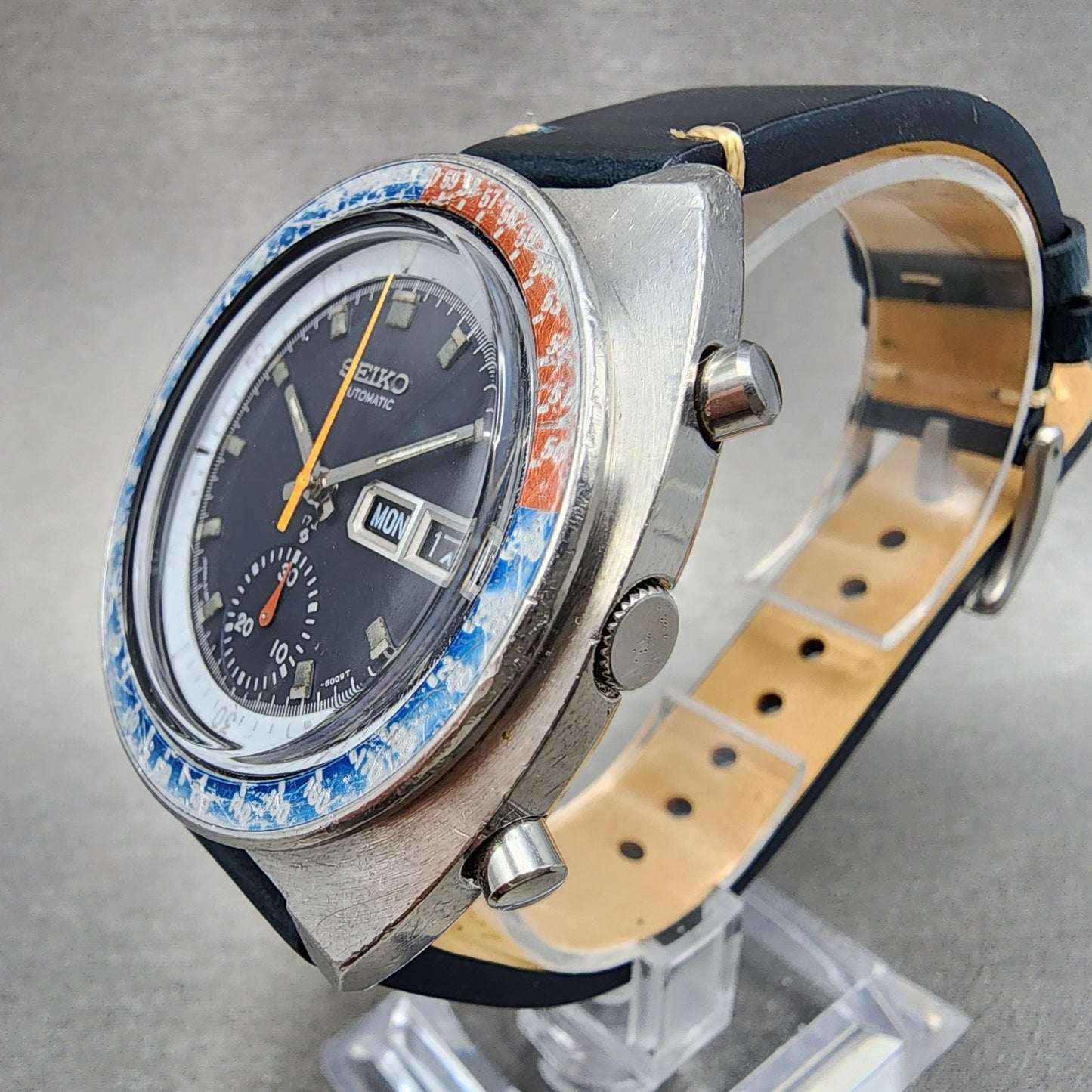 Seiko Pogue Chronograph Watch Men 41mm Blue Dial Steel Daydate 6139 Serviced2