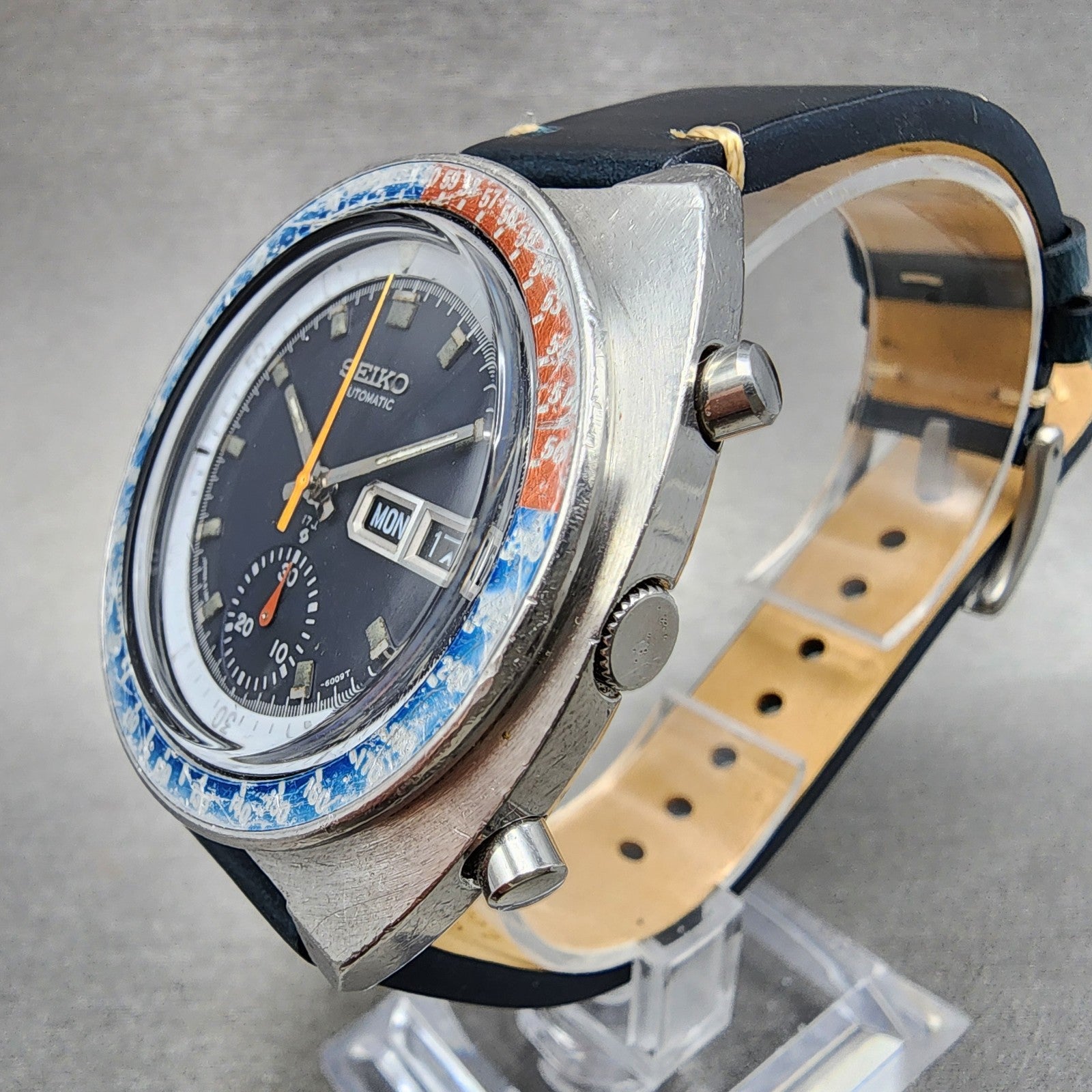 Seiko Pogue Chronograph Watch Men 41mm Blue Dial Steel Daydate 6139 Serviced2