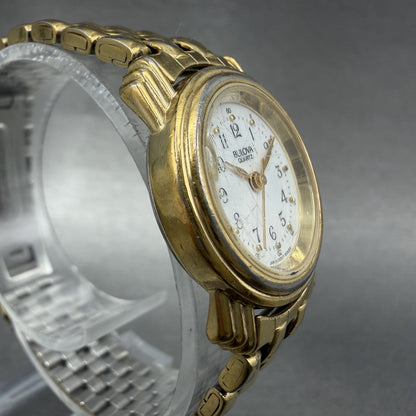 Bulova Watch Women 24mm White Dial Gold Tone Round 92E09 New battery3