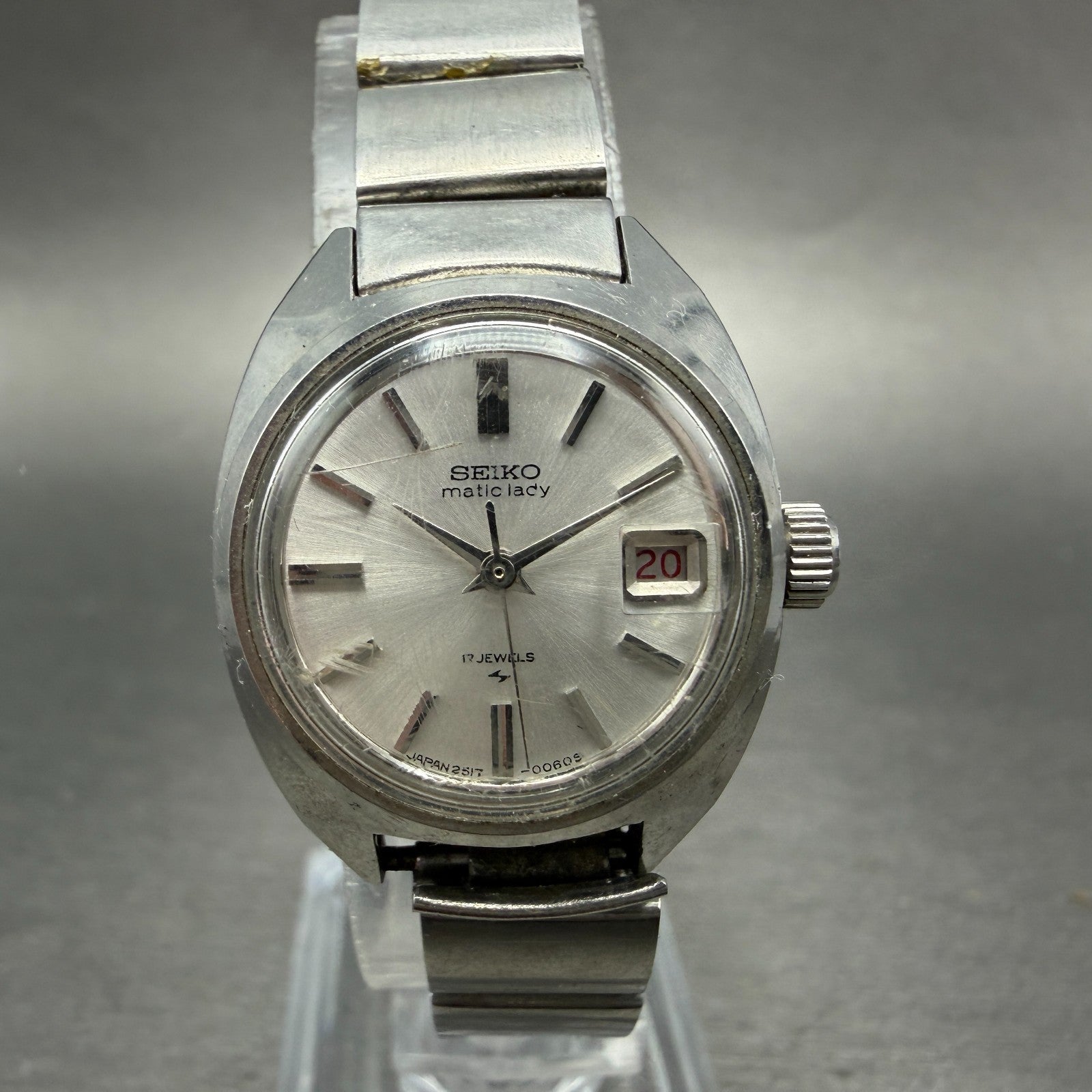 Seiko Maticlady Watch Women 23mm Silver Dial Silver Tone Date 2517-0211 Runs 4520