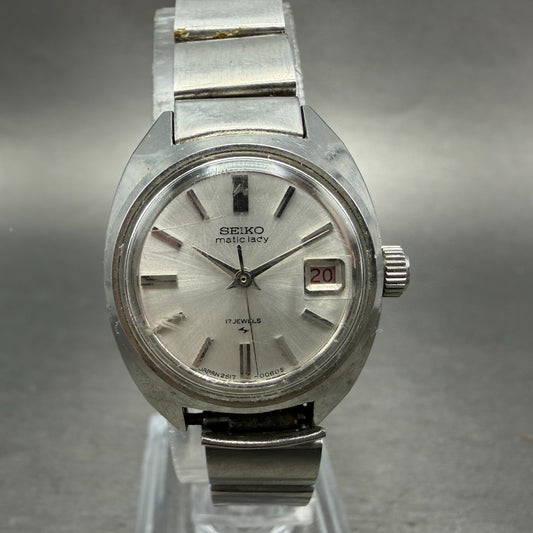 Seiko Maticlady Watch Women 23mm Silver Dial Silver Tone Date 2517-0211 Runs 4520