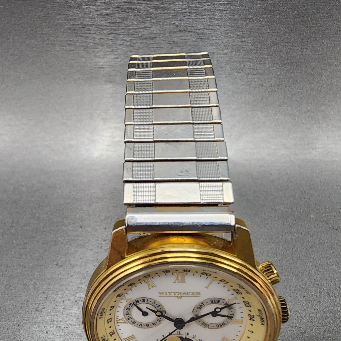 Wittnauer Moonphase Watch Men 37mm White Dial Gold Tone Daydate Round New Batt4