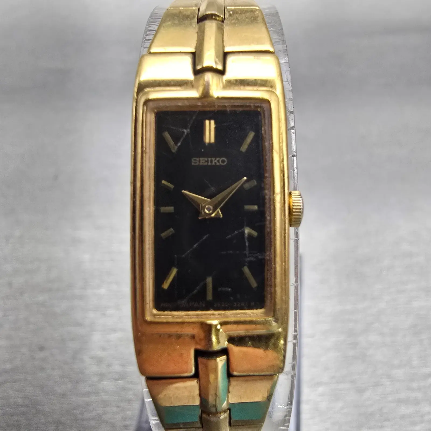 Seiko Watch Women 13mm Black Dial Gold Tone Rectangle 2E20-7479 New Battery VTG0