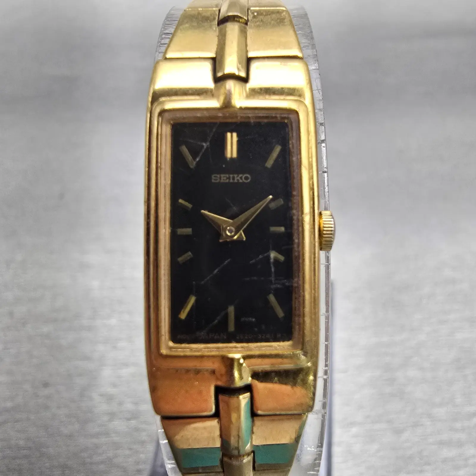Seiko Watch Women 13mm Black Dial Gold Tone Rectangle 2E20-7479 New Battery VTG0