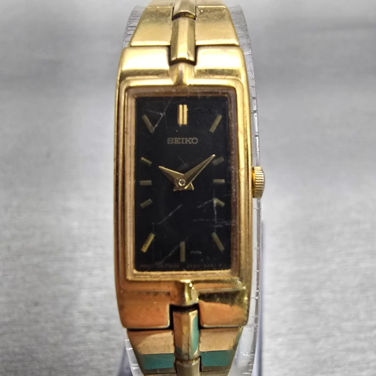 Seiko Watch Women 13mm Black Dial Gold Tone Rectangle 2E20-7479 New Battery VTG0