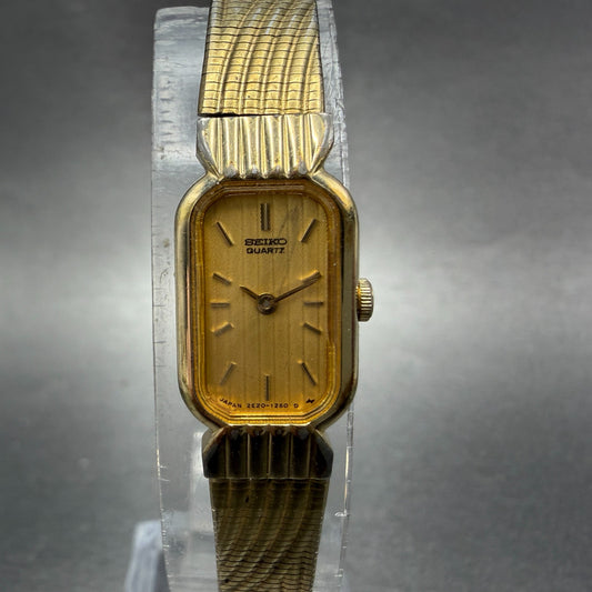 Seiko Tank Watch Women 13mm Champagne Dial Gold Tone 2e20-6019 New Battery UJH0