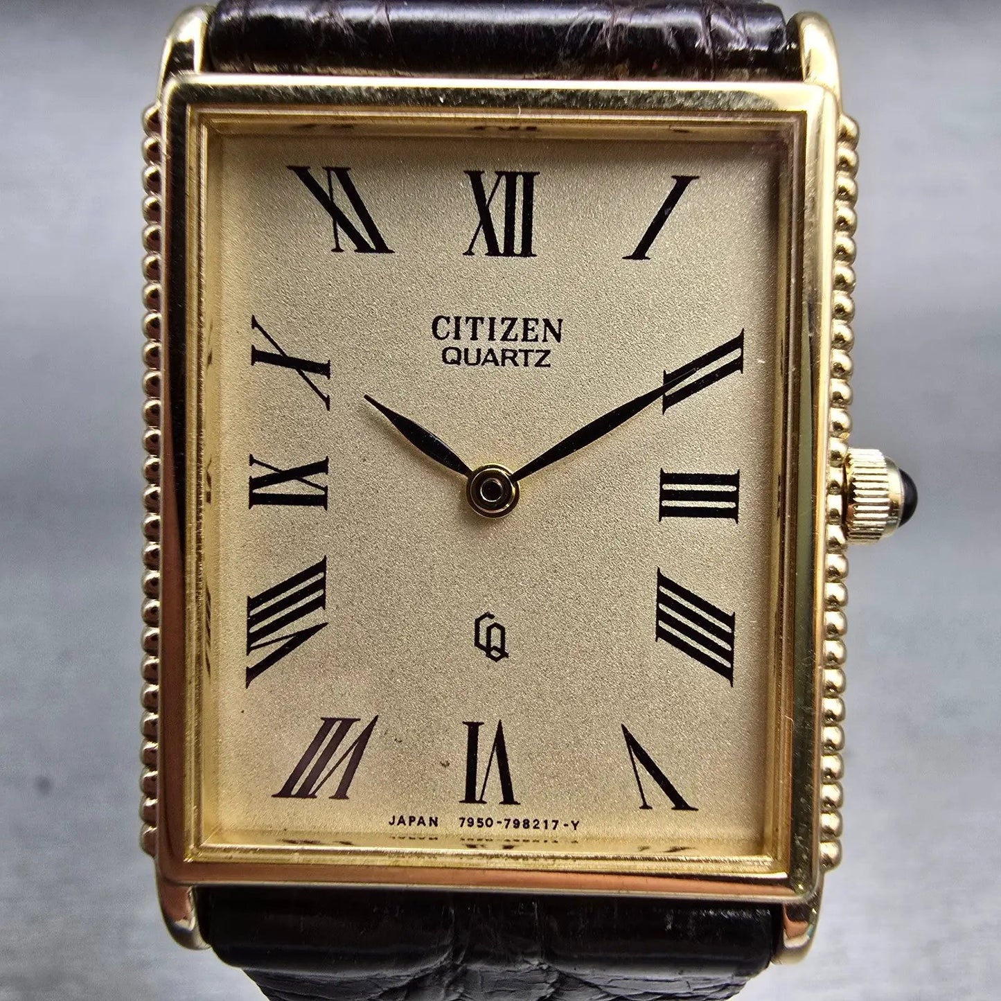 Citizen CQ Tank Watch Men 25mm Ivory Dial Gold Tone Rectangle 4-797400 New Batt1