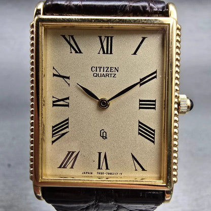 Citizen CQ Tank Watch Men 25mm Ivory Dial Gold Tone Rectangle 4-797400 New Batt1