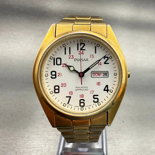 Pulsar Railroad Approved Watch Men 36mm White Dial Gold Daydate V733-9A40 NewBat0