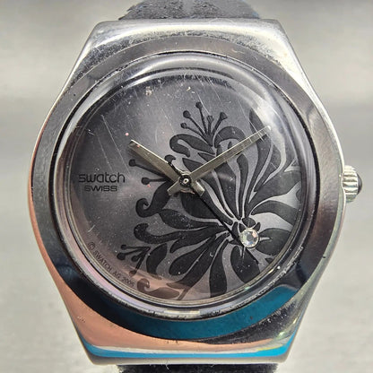 Swatch Irony BLACK FLOWER Watch Women Silver Dial Silver Tone YLS146 New Battery1