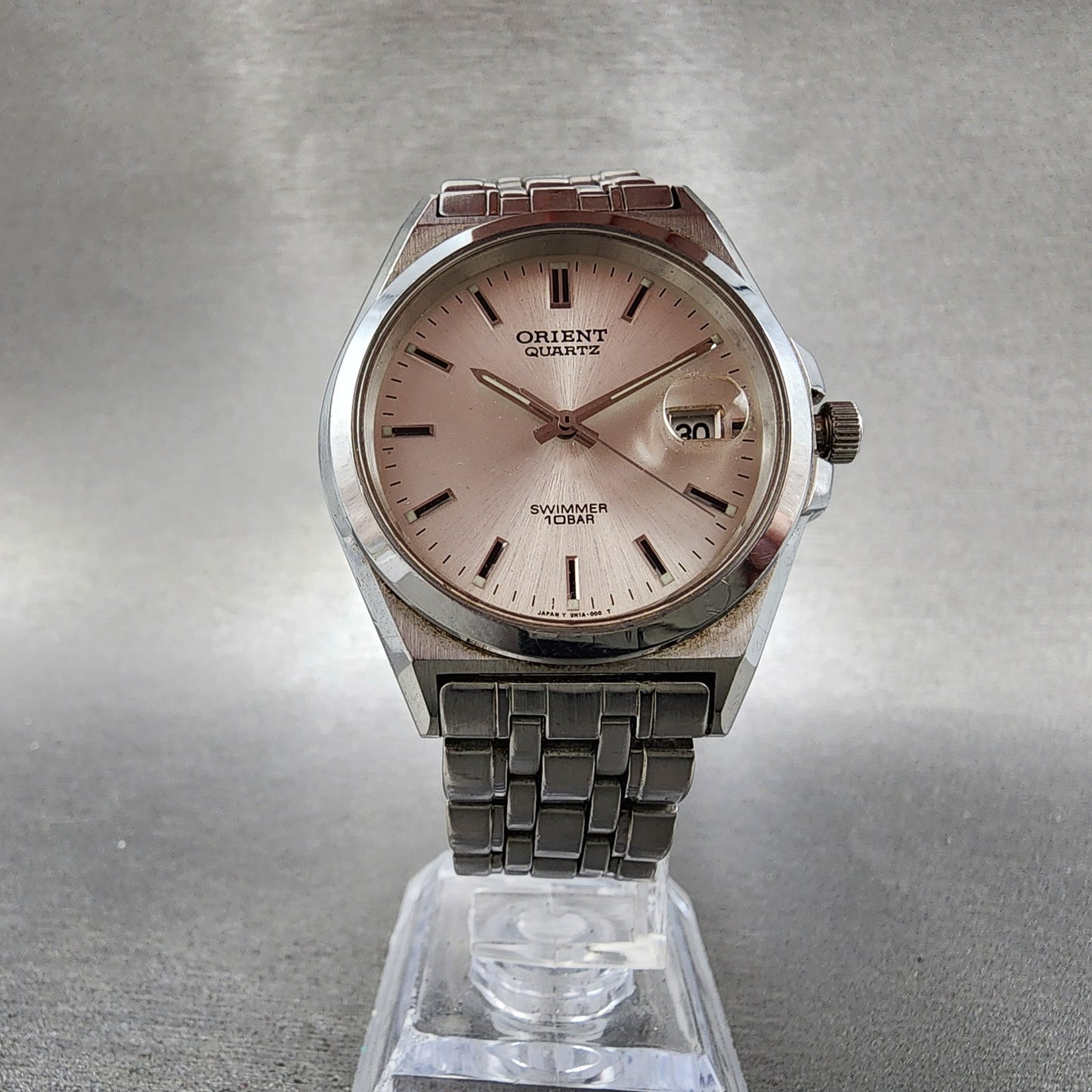 Orient Swimmer Watch Men 36mm Silver Dial Silver Tone Date Round READ New Batt5