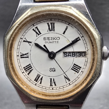 Seiko SQ Watch Women 24mm White Dial Two Tone Daydate Round 5423-0140 New Batt1