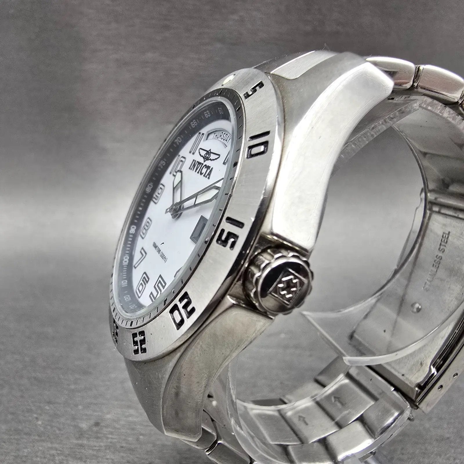 Invicta Dive Watch Men 44mm White Dial Silver Tone Daydate 5249 New Battery2