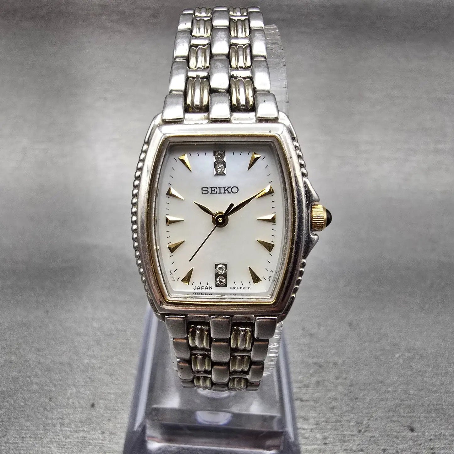 Seiko Watch Women 19mm MOP Dial Silver Tone Rectangle 1N01-0HL0 New Battery VTG0