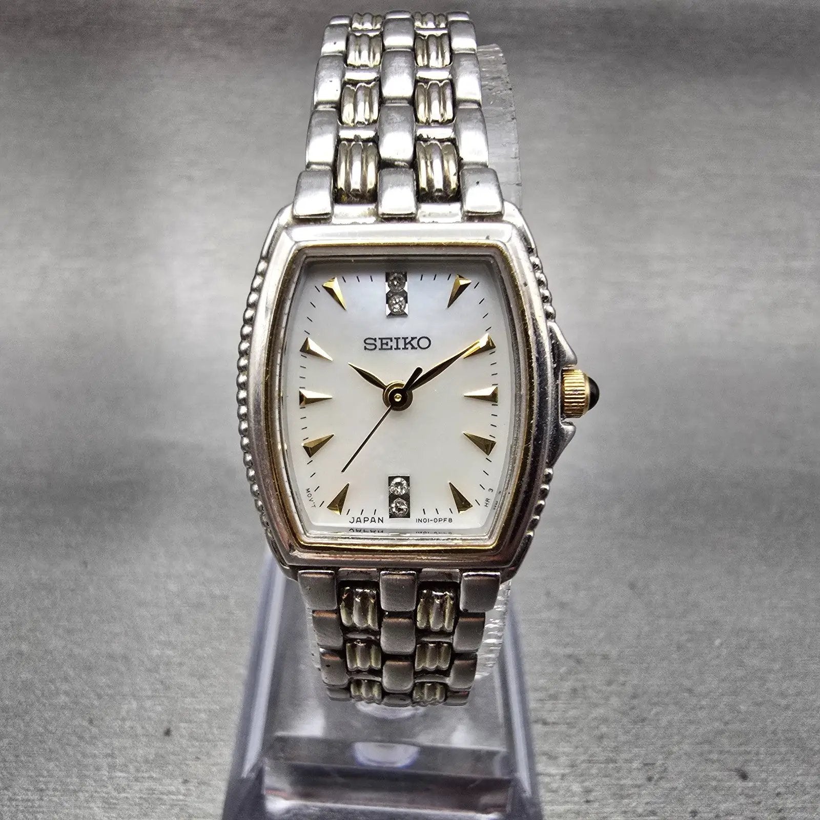 Seiko Watch Women 19mm MOP Dial Silver Tone Rectangle 1N01-0HL0 New Battery VTG0