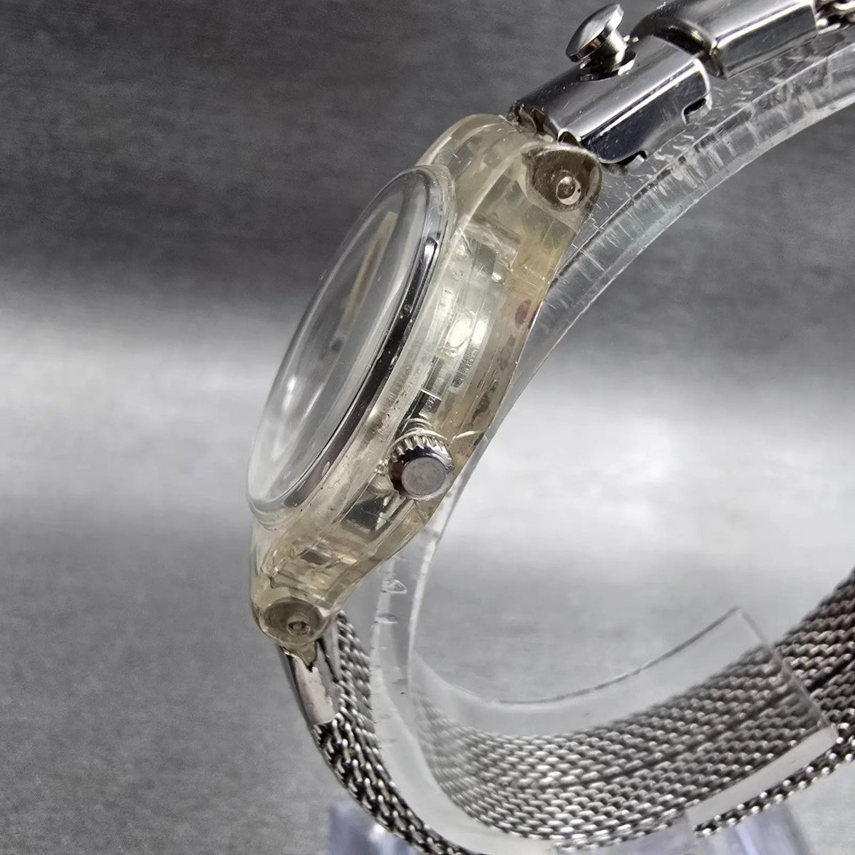 Swatch Fatal Thread Watch Women 25mm Silver Dial Clear Case LK182 New Battery2
