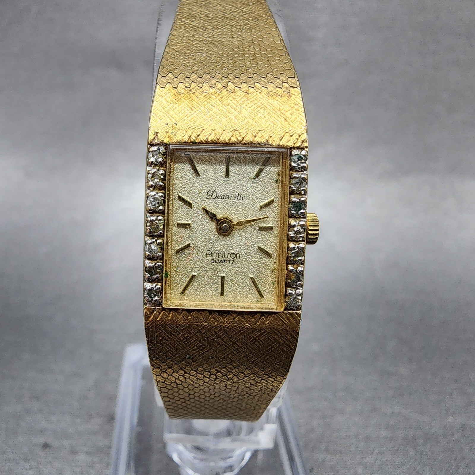 Armitron Deauville Tank Watch Women 15mm Gold Tone Diamond Bezel New Battery0