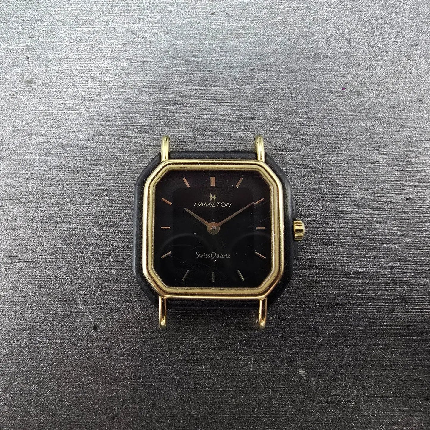 Hamilton Watch Women 22mm Black Dial Black Gold Tone Octagon VTG PARTS0