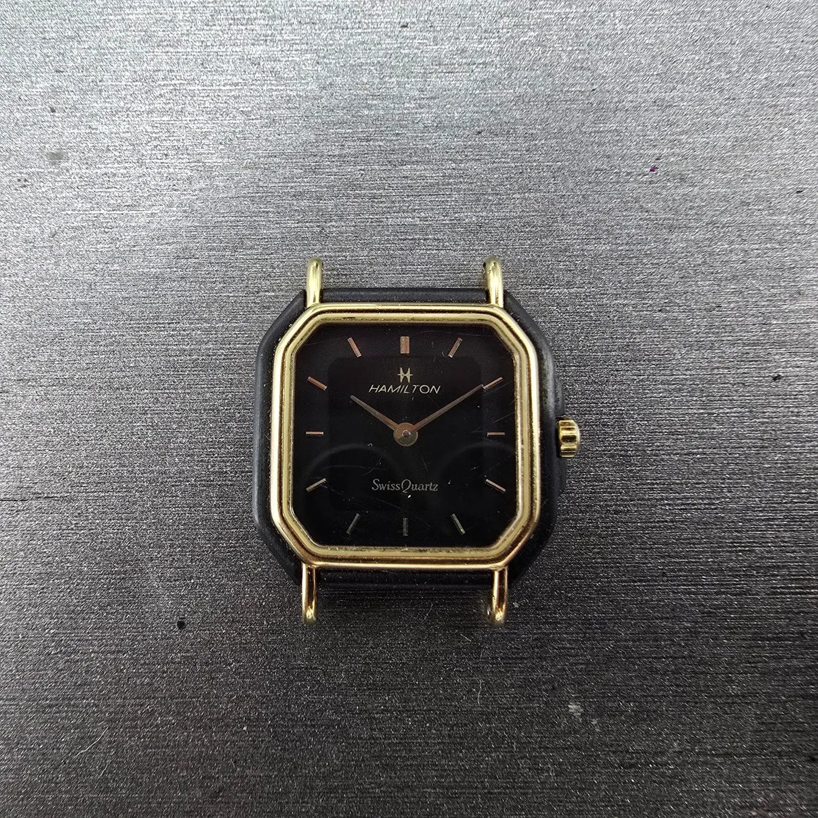 Hamilton Watch Women 22mm Black Dial Black Gold Tone Octagon VTG PARTS0