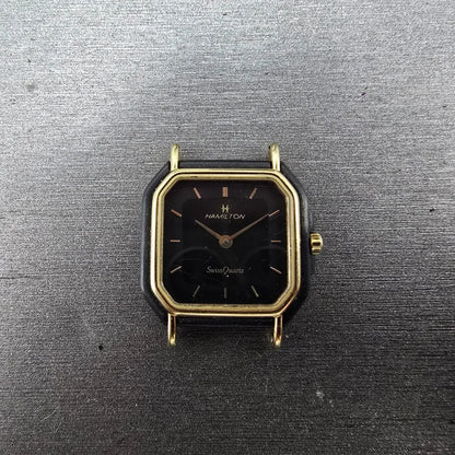 Hamilton Watch Women 22mm Black Dial Black Gold Tone Octagon VTG PARTS0