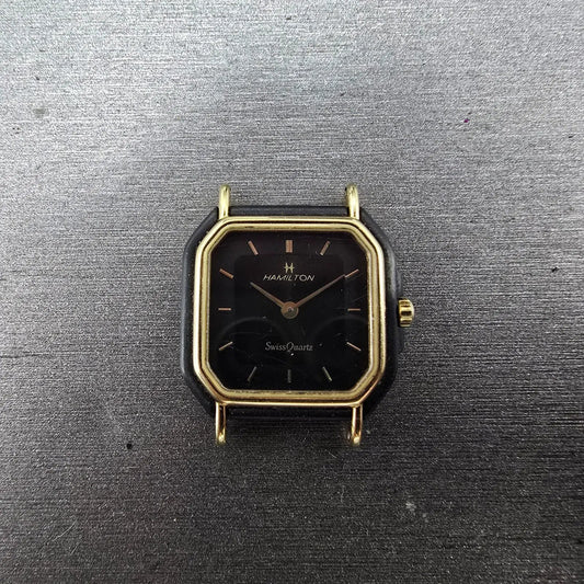 Hamilton Watch Women 22mm Black Dial Black Gold Tone Octagon VTG PARTS0