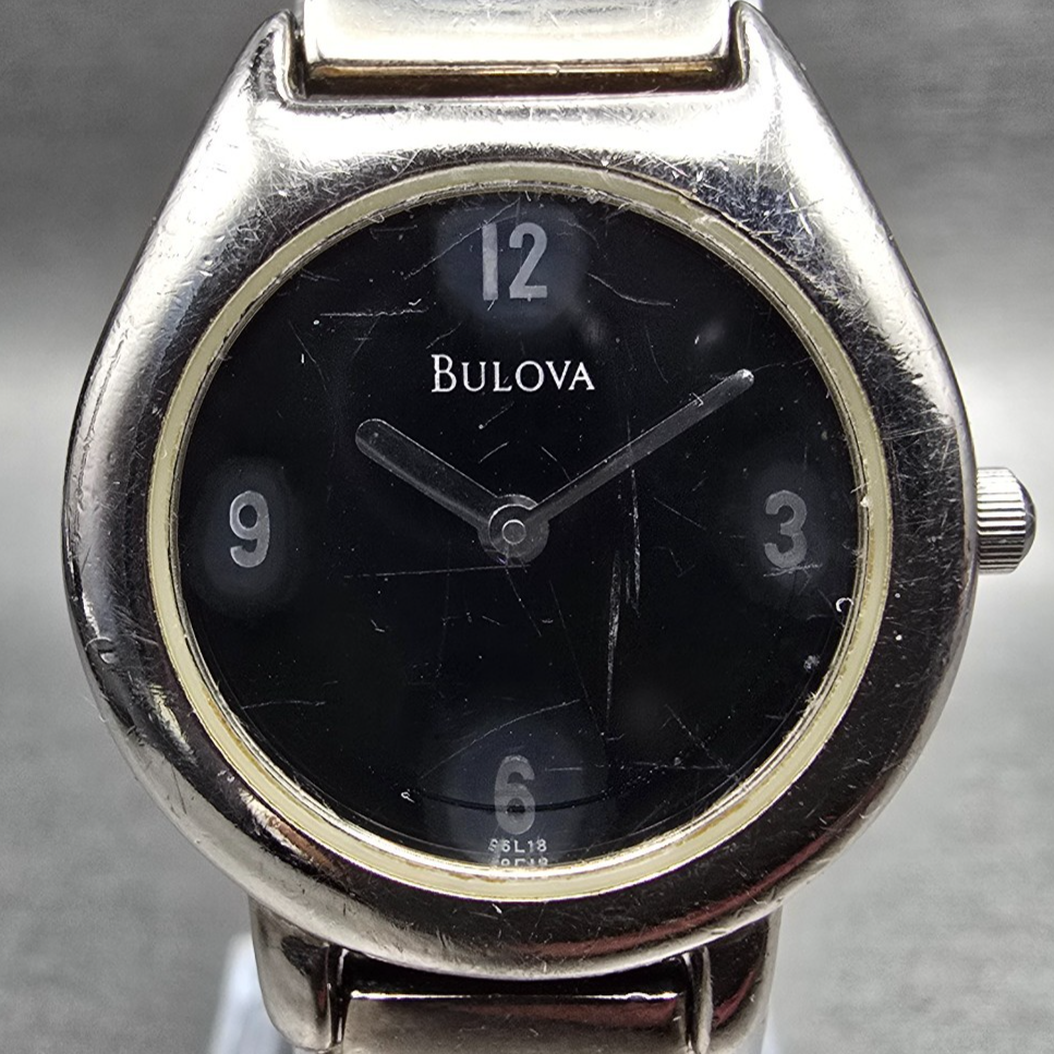 Bulova Watch Women 25mm Black Dial Silver Tone Round Bangle 96L18 New Battery 891