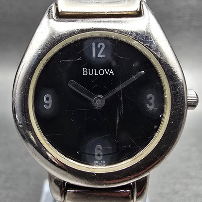 Bulova Watch Women 25mm Black Dial Silver Tone Round Bangle 96L18 New Battery 891