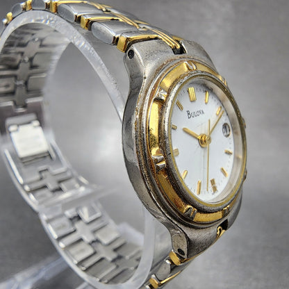 Bulova Watch Women Two Tone White Dial Date 25mm Round 98M36 New Battery3
