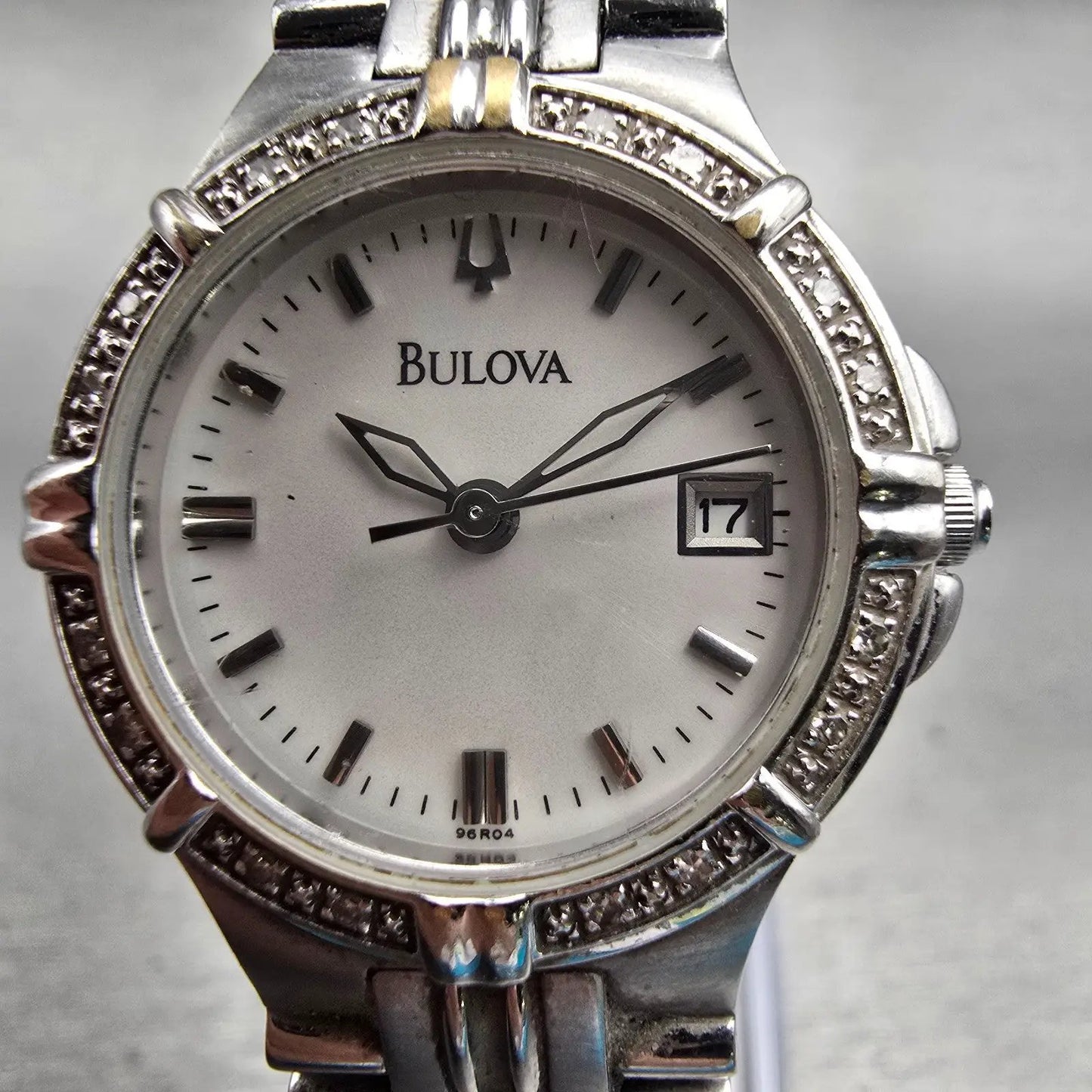 Bulova Watch Women 25mm White Dial Silver Tone Date Gemmed 96R04 New Battery1