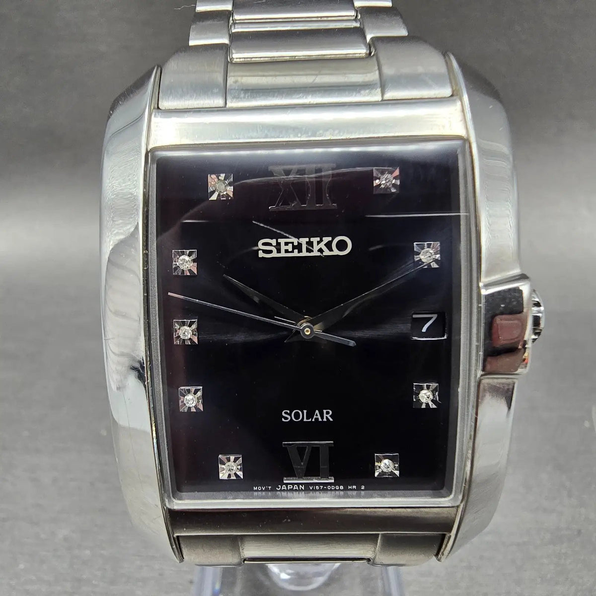 Seiko Solar Tank Watch Men 35mm Black Dial Silver Date Rectangle V157-0CC0 Runs0