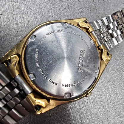 Seiko Pulsar Watch Men 35mm Champagne Dial Gold Tone Daydate Y148-8070 New Batt10