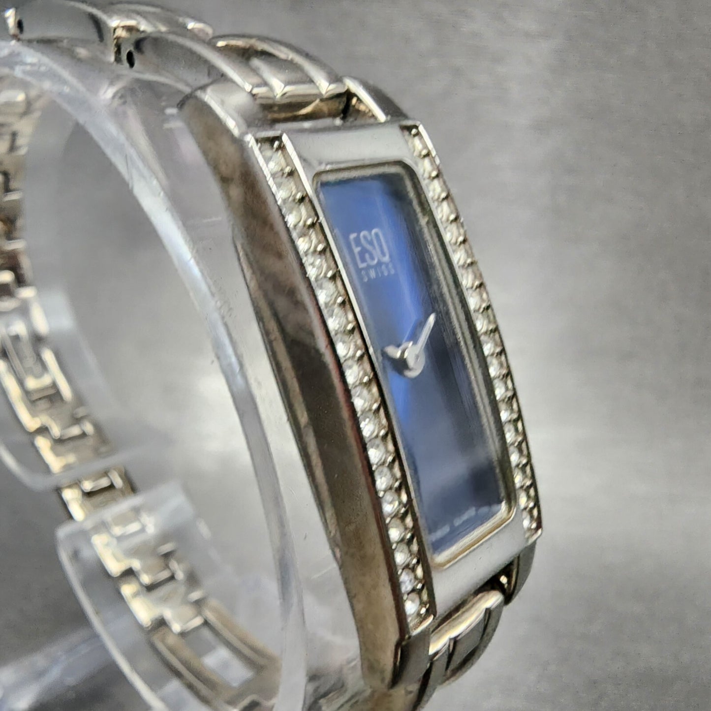 ESQ Tank Watch Women 14mm Blue Dial Silver Tone Crystal Bezel E5098 New Batt3