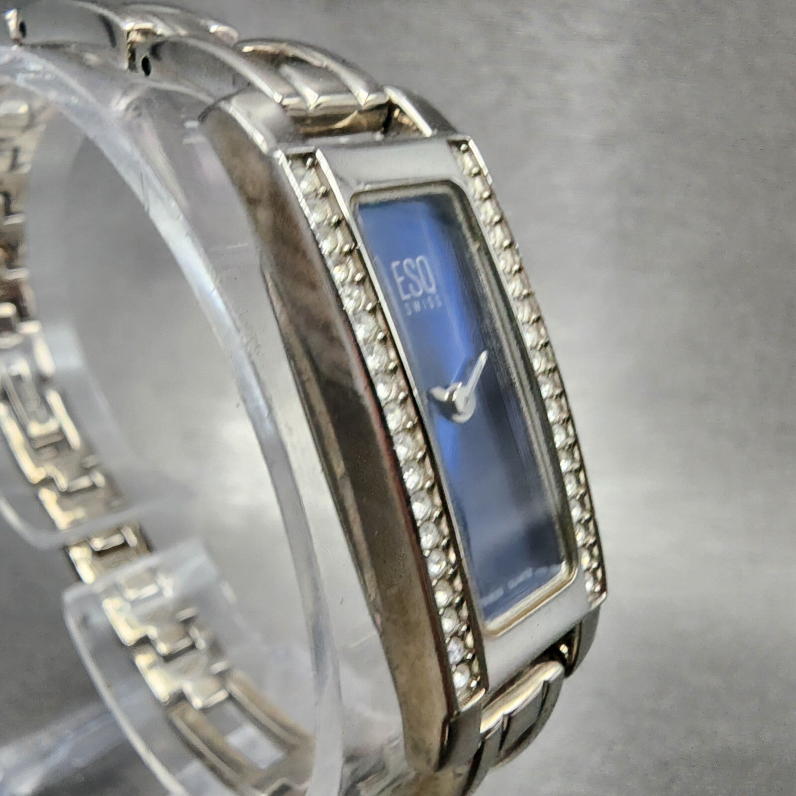ESQ Tank Watch Women 14mm Blue Dial Silver Tone Crystal Bezel E5098 New Batt3