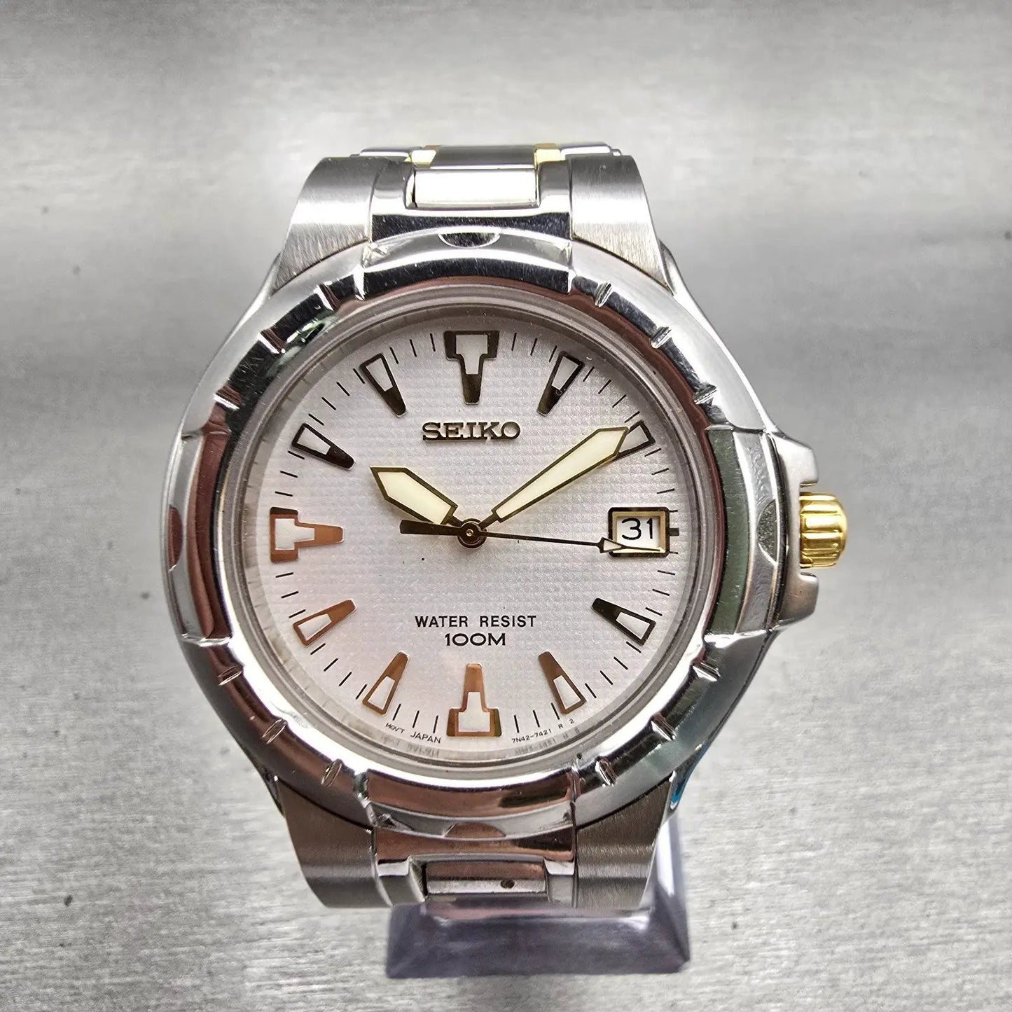 Seiko Watch Men 38mm Silver Dial Two Tone Date Round 7N42-7189 New Battery0