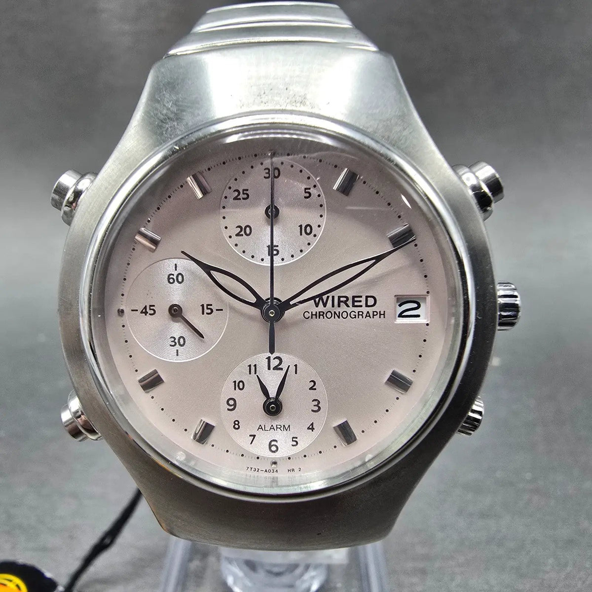 Seiko Wired Chronograph Watch Women 35mm Pink Dial Steel Alarm Date New Battery0