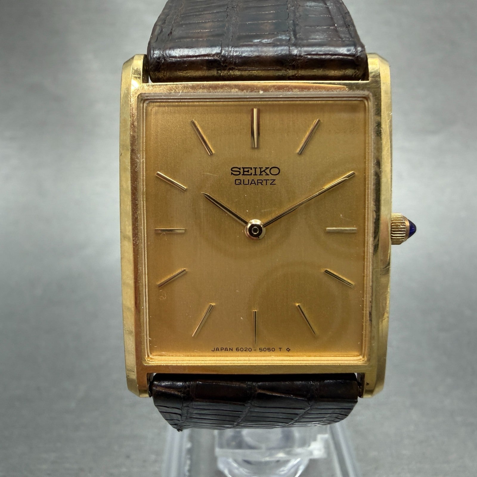 Seiko Tank Watch Men 25mm Champagne Dial Gold Tone 6020-5059 New Battery Vintage0