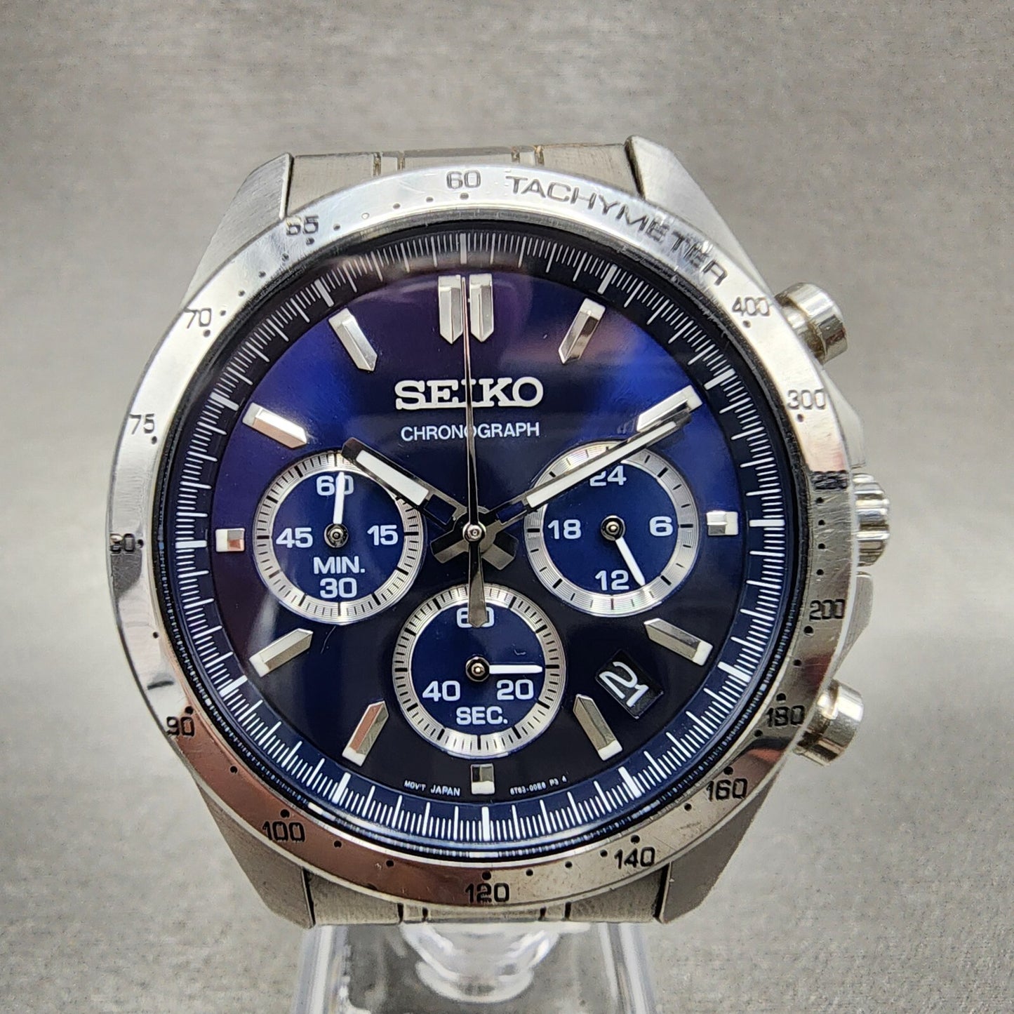 Seiko Chronograph Watch Men 40mm Blue Dial Silver Tone Date 8t63-00d0 NewBattery