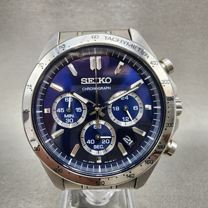Seiko Chronograph Watch Men 40mm Blue Dial Silver Tone Date 8t63-00d0 NewBattery