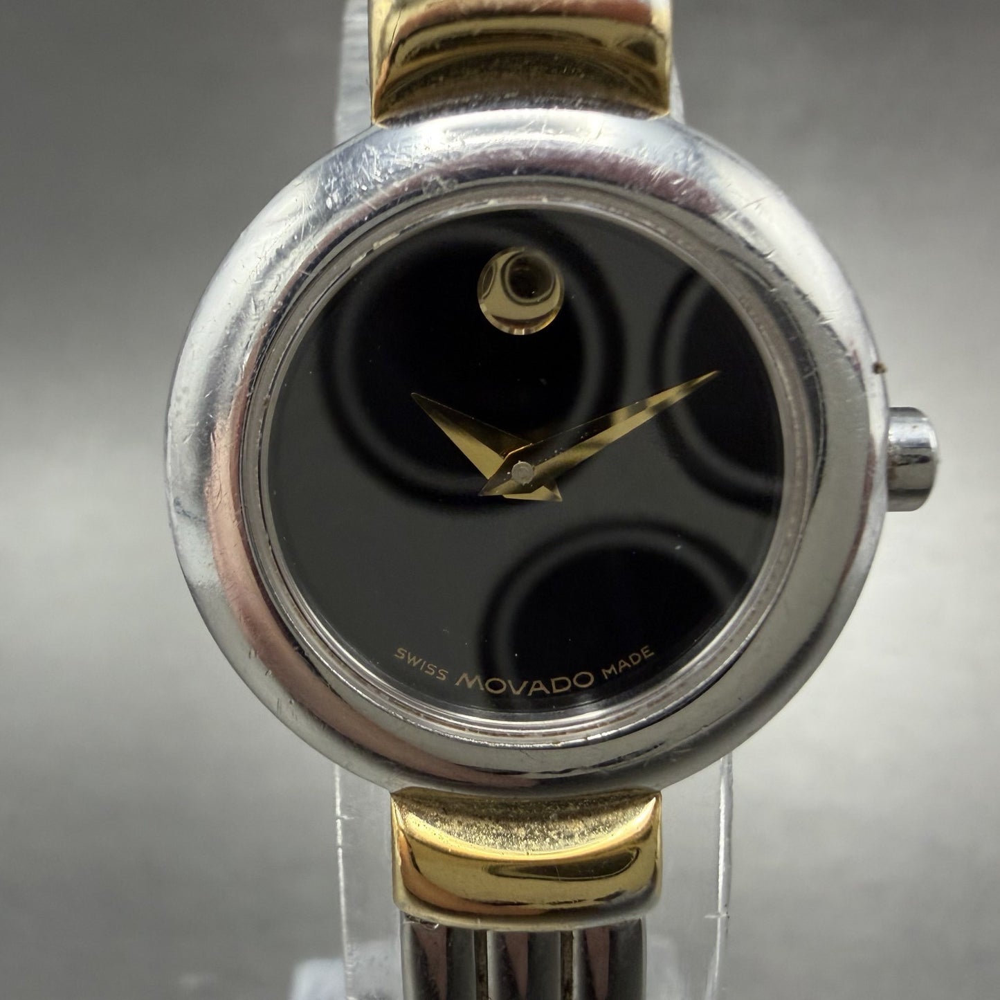 Movado Harmony Watch Women 23mm Black Dial Two Tone bangle Round New Battery AB1