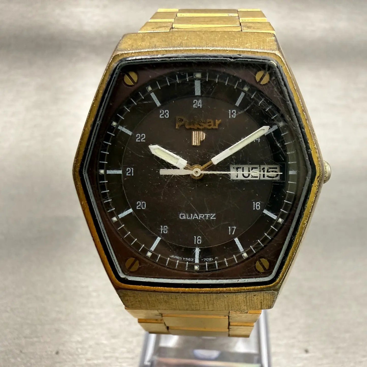Seiko Pulsar Watch Men 36mm Brown Dial Gold Daydate Hexagon Y563-7029 New Batt0