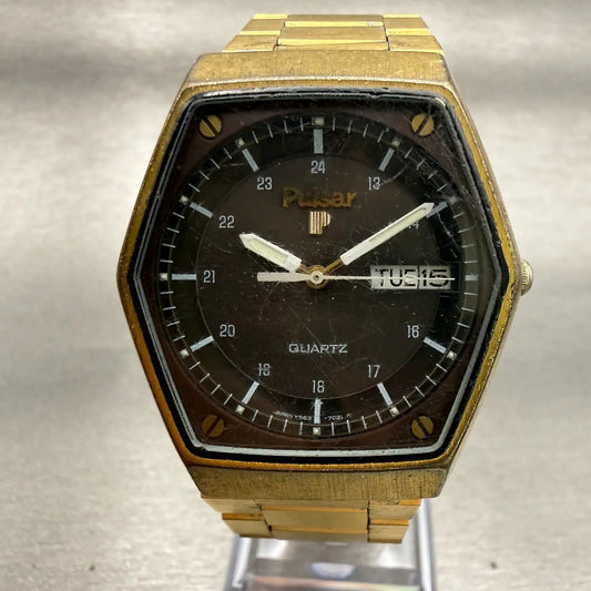 Seiko Pulsar Watch Men 36mm Brown Dial Gold Daydate Hexagon Y563-7029 New Batt0