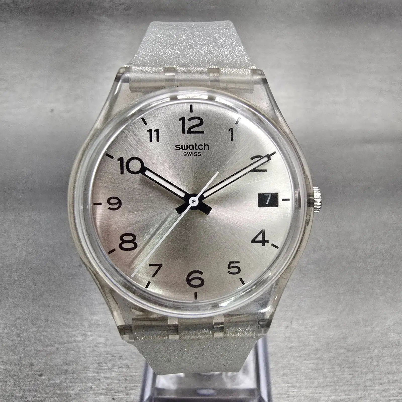 Swatch Silverblush Watch Men 34mm Silver Dial Clear Case Date GM416C New Battery0