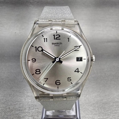 Swatch Silverblush Watch Men 34mm Silver Dial Clear Case Date GM416C New Battery0
